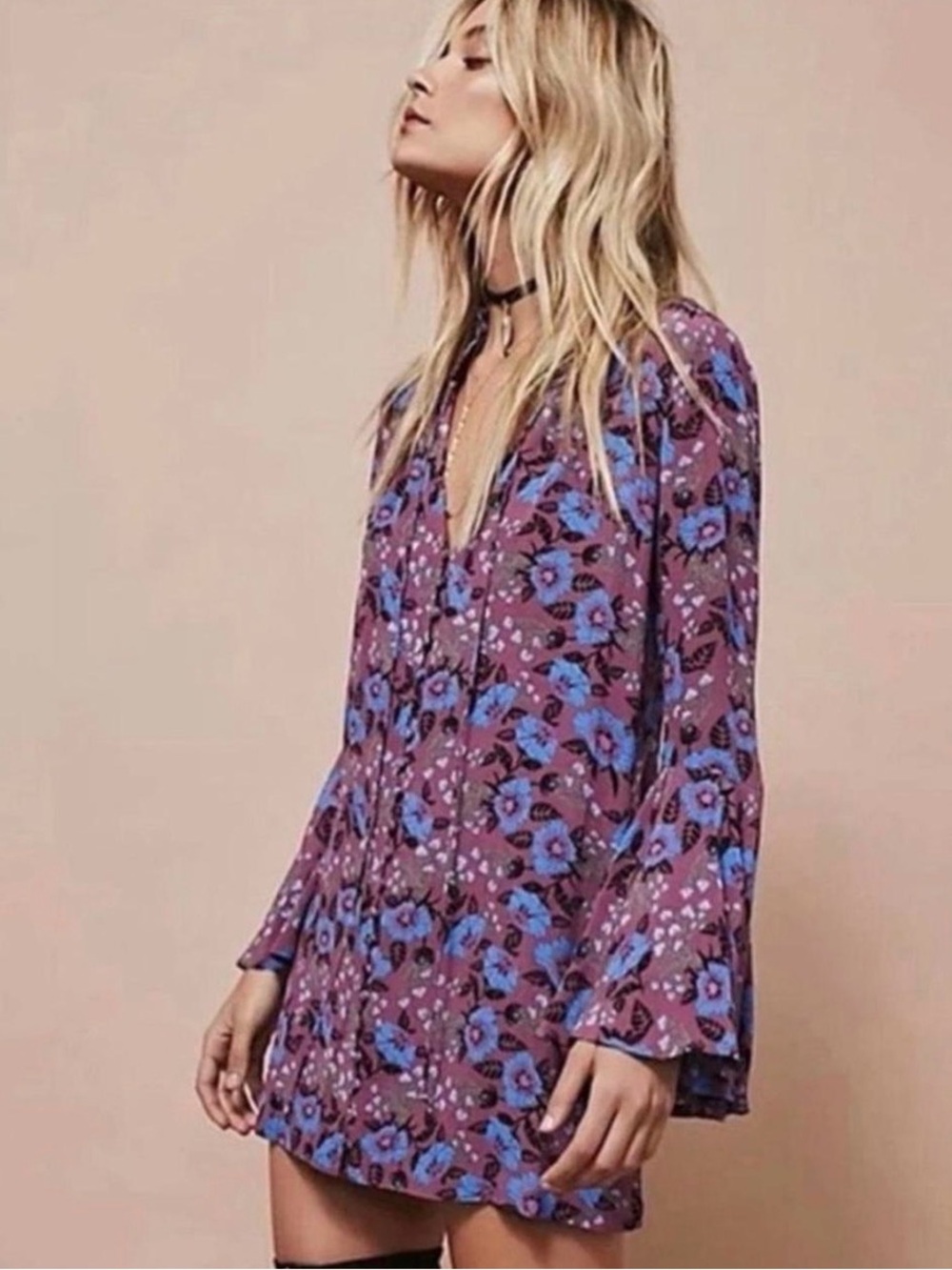 Free People Purple Floral Mini Dress with Blue Print
